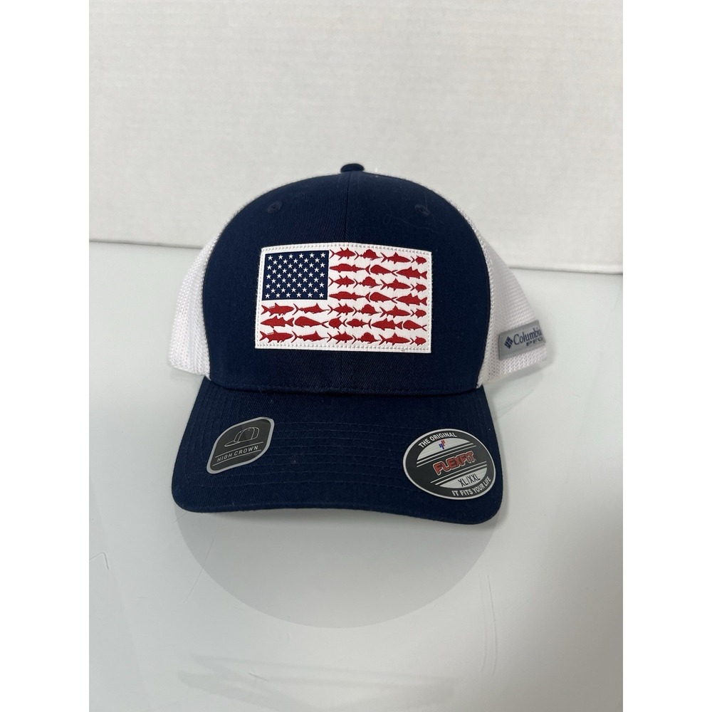 Columbia Performance Fishing Gear Mesh Trucker Hat Cap USA Flag Flexfit XL/XXL